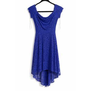 107 Royal Blue Off-Shoulder Lace High-Low Dress – Elegant Evening Party Dress